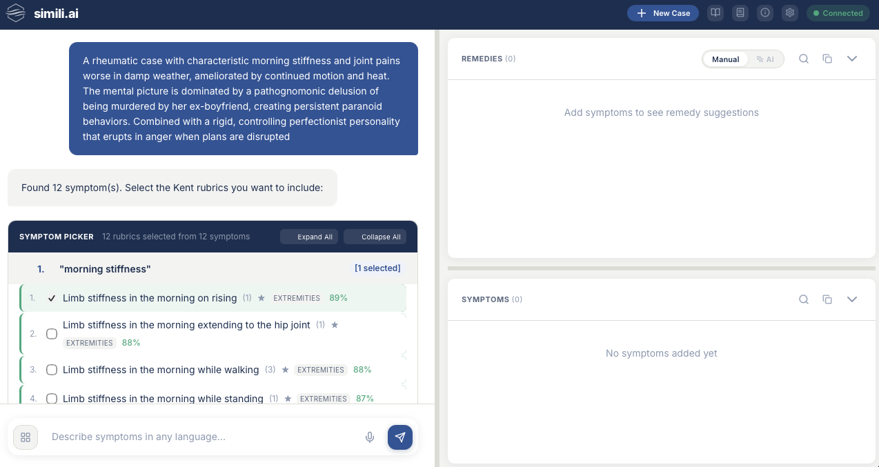 simili.ai extracts symptoms from a natural language case description and matches them to Kent repertory rubrics