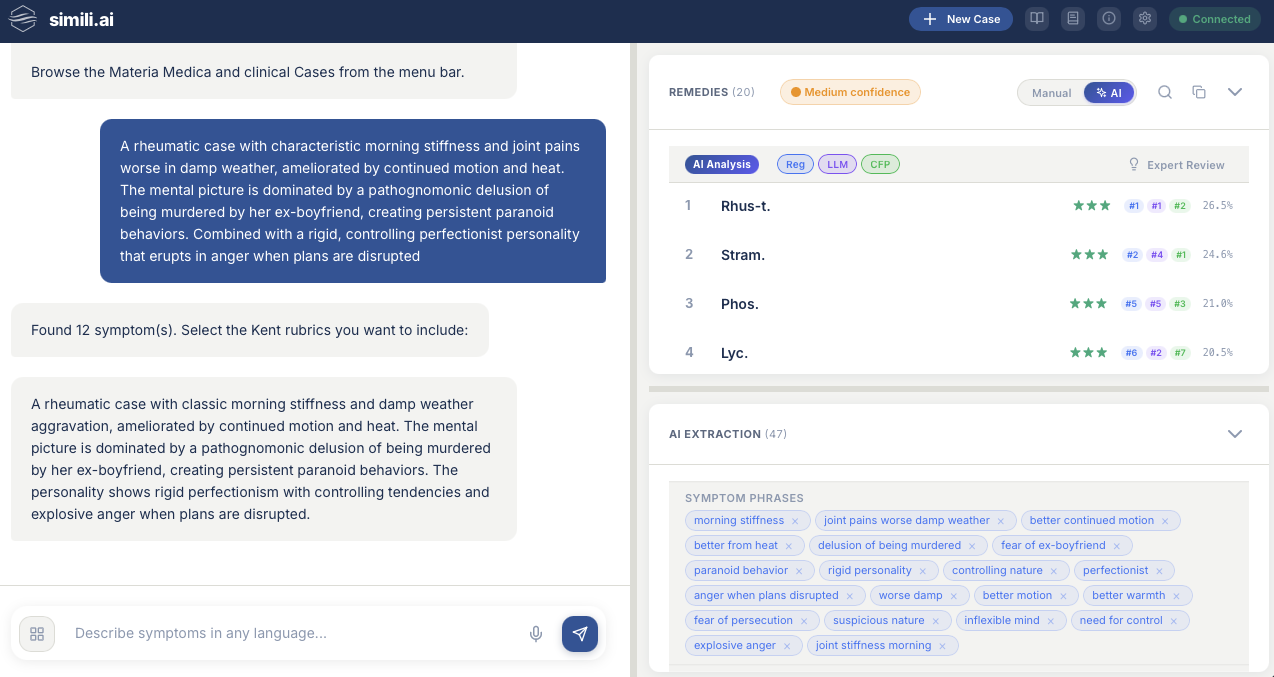 AI ensemble view showing ranked remedies with confidence badge and engine toggles