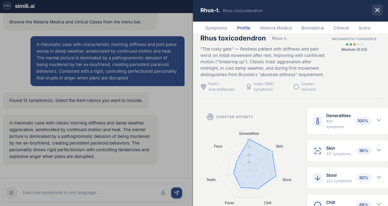 Remedy profile showing essence description, chapter affinity radar chart, and mechanistic coherence