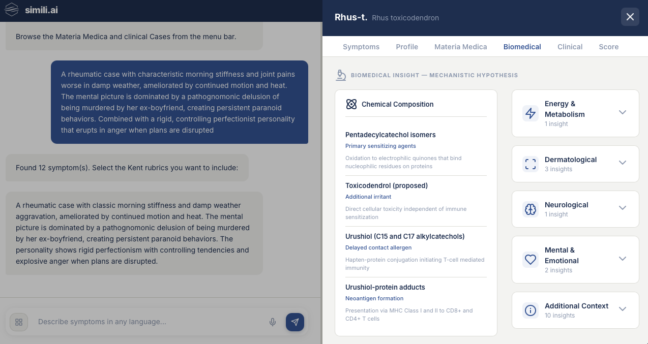 Biomedical insight showing chemical composition, mechanism of action, and clinical categories